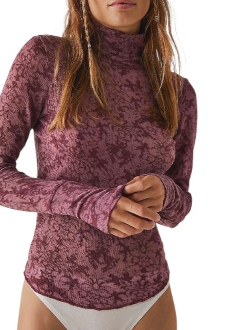 Free People Ypu And I Long Sleeve Semi-Sheer Mock Neck Top-NWOT